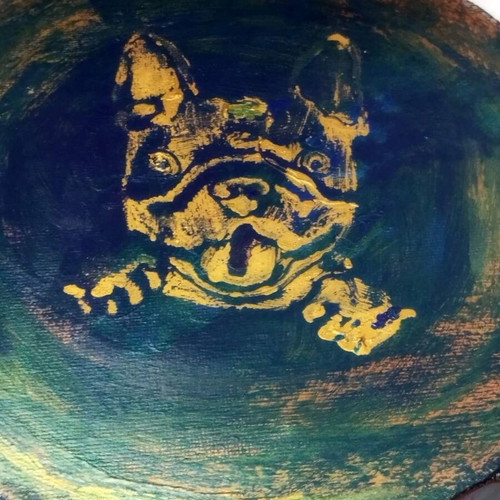 French Bulldog painting with embossed gold texture on blue background