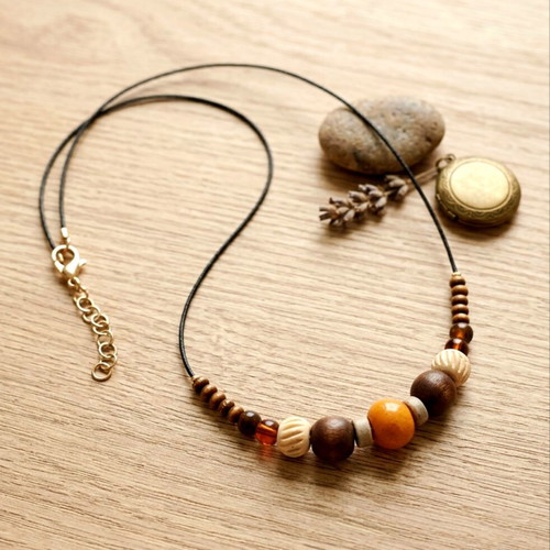Boho short handmade necklace with ceramic, wooden beads and tiger eye