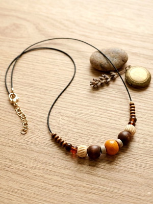 Boho short handmade necklace with ceramic, wooden beads and tiger eye