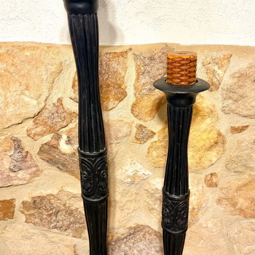 Set of 2 wooden floor candlesticks used, vintage neoclassic style