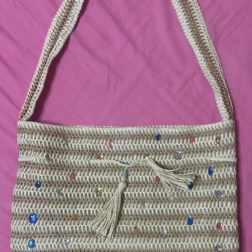Calzedonia beige straw shoulder bag with multicolored stones