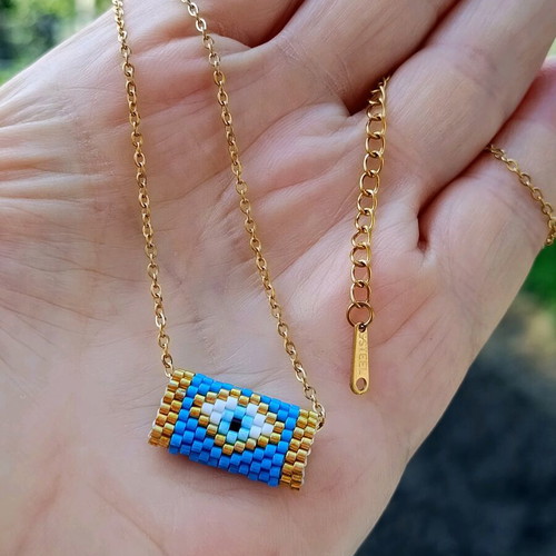 Handmade Miyuki evil eye necklace with gold-plated steel chain