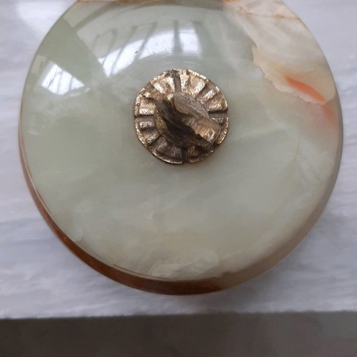 Decorative item used, green onyx with gold legs and handle