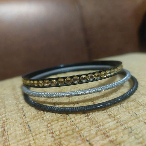 Vintage set of 3 bracelets silver and black with glitter and strass like new