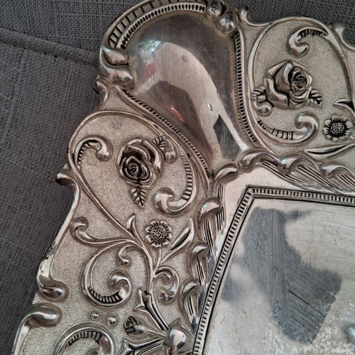 Vintage silver-plated tray 25cm used, decorative baroque design