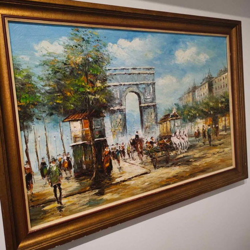 Painting by F. Alexandrou, oil on canvas Paris scene with Arc de Triomphe