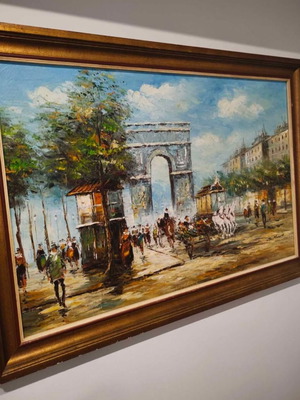 Painting by F. Alexandrou, oil on canvas Paris scene with Arc de Triomphe