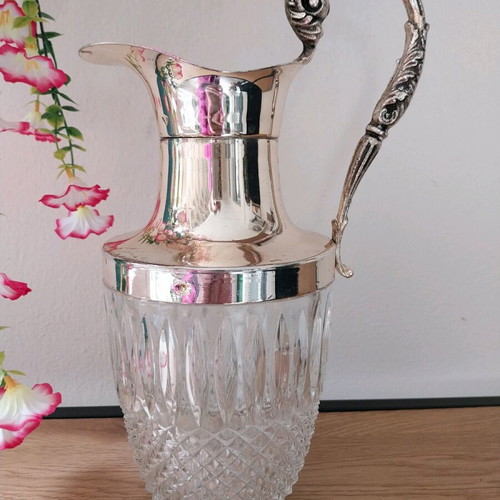 Vintage crystal and silver-plated metal carafe from France