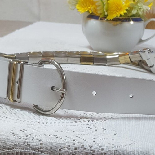 Women's leather belt new, snow white with gold and silver metal buckles