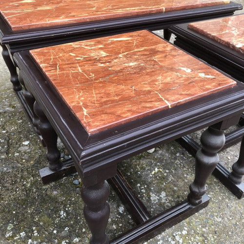 Coffee table set used, 3 pieces, walnut wood and Ritsonas marble