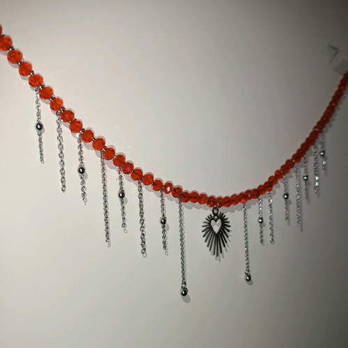 Steel necklace with red glass beads and chain fringes handmade new