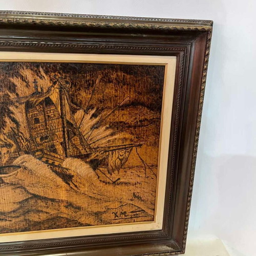 Vintage pyrography wall art with shipwreck scene and artist signature, 49x58