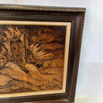 Vintage pyrography wall art with shipwreck scene and artist signature, 49x58