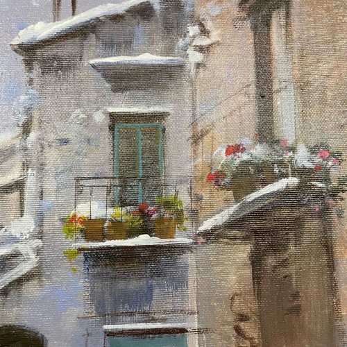 Artwork on canvas with snowy landscape