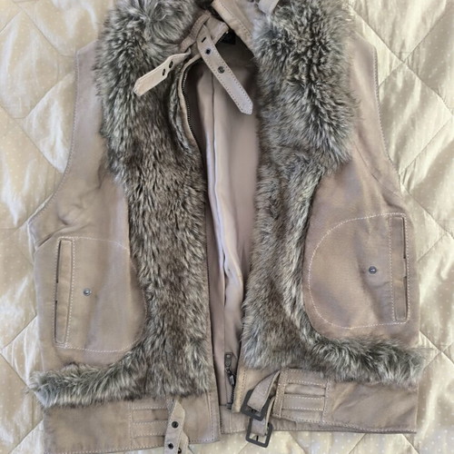 Topshop real leather vest used, aviator style with faux fur trim