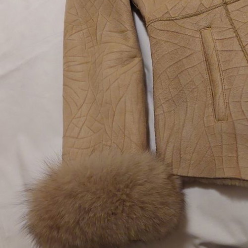 Women's mouton jacket used, beige with fox fur, size M/L