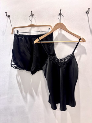 Black satin sleepwear set size M like new, shorts and top with lace