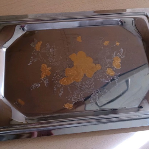 Stainless serving tray with 24k gold vintage like new