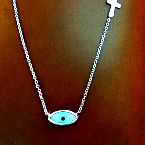 Gold necklace 375 with mother of pearl evil eye and side minimalist cross 45cm like new