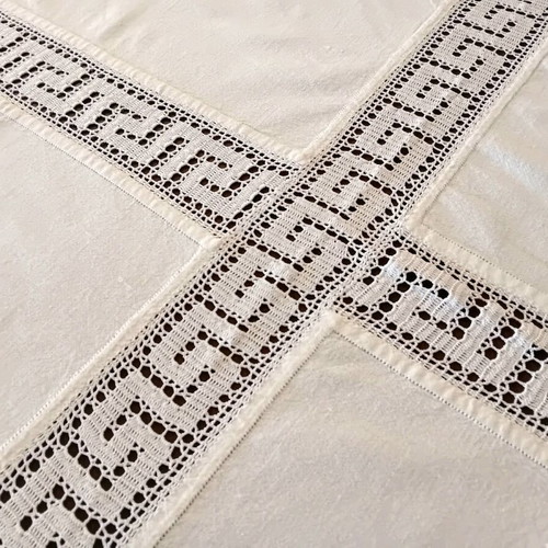 Large tablecloth with handmade cross lace, cotton, like new, white