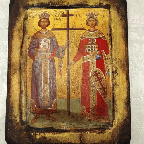 Handmade aged icon of Saint Constantine and Saint Helen new