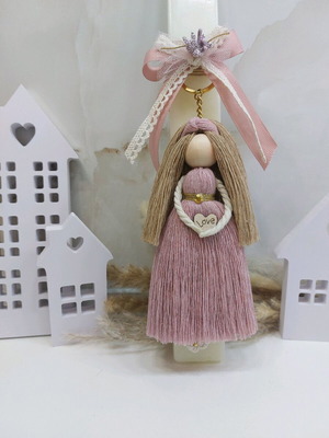 Scented candle with handmade macrame doll keychain new