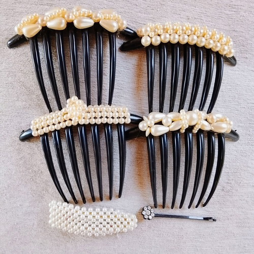 Set of 4 large pearl hair combs with rhinestone clip and pearl barrette