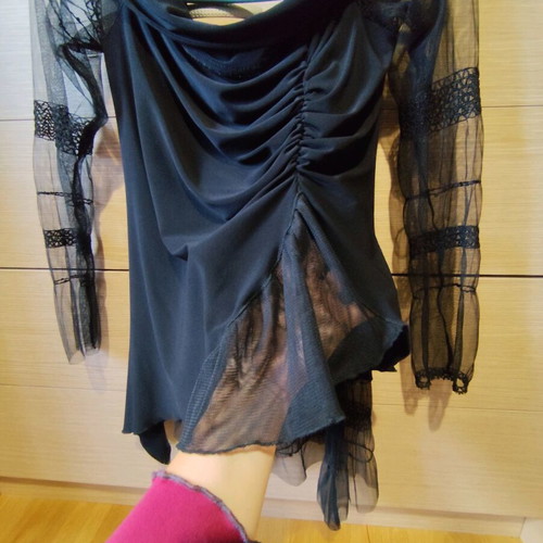 Black blouse with smile neckline and lace sleeves, size M