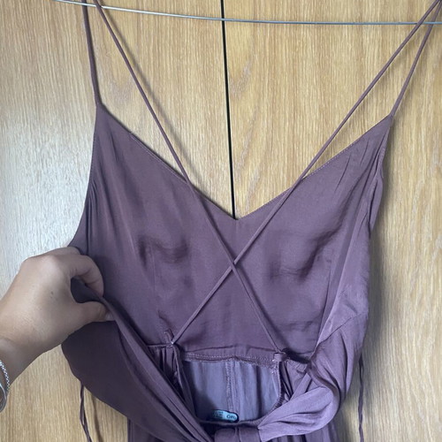 Oysho purple satin long dress with crisscross back and ribbon
