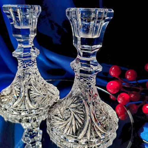 Vintage crystal candlesticks set of 2, lead crystal Bohemia, new