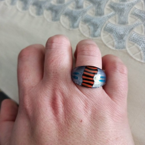 Murano ring like new with blue, orange and black colors and silver leaf