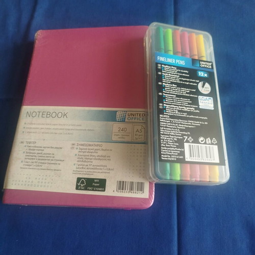 Large pink notebook and United Office fineliner pen set new
