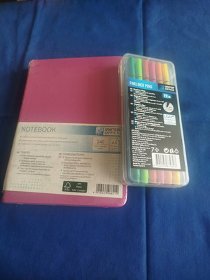 Large pink notebook and United Office fineliner pen set new