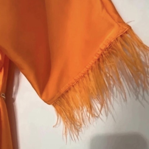 Orange satin short dress new with feathers and chain belt