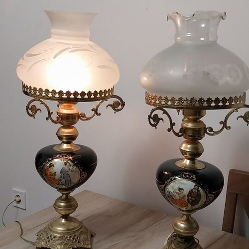 Vintage aluminum table lamps with handpainted designs, set of 2