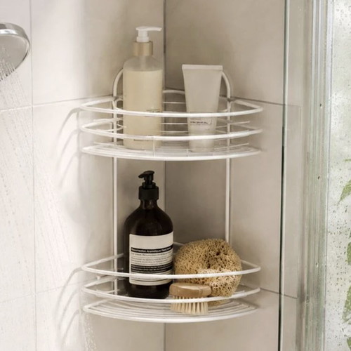 White corner bathroom shelf with 2 tiers and 2 hooks 19x19x34.5 cm