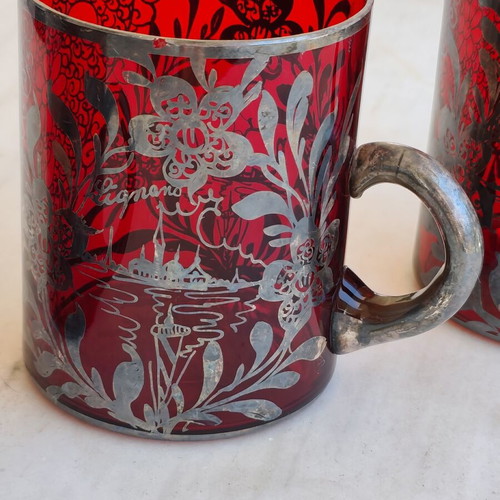 Red glass cups with hunting motif and carved scenes, silver, set of 3 used