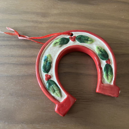 Vintage ceramic lucky horseshoe red with ribbon