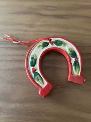 Vintage ceramic lucky horseshoe red with ribbon