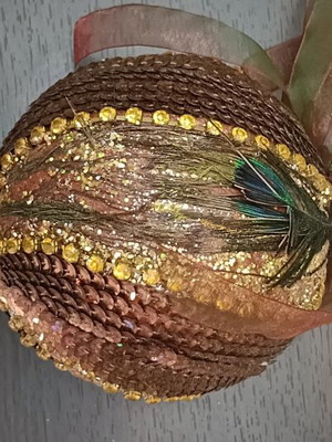Christmas ball with rhinestones and peacock feathers like new