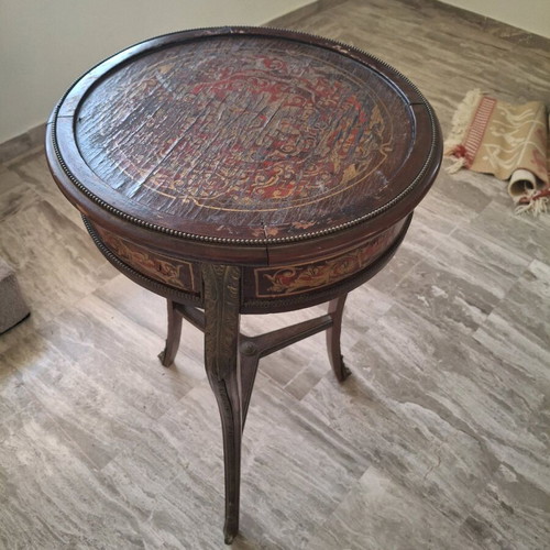 Vintage Louis XV style round table with Boulle marquetry, Italian mid-century