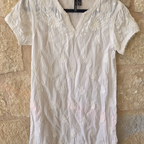 Mango White Cotton Embroidered V-Neck Tunic Dress like new