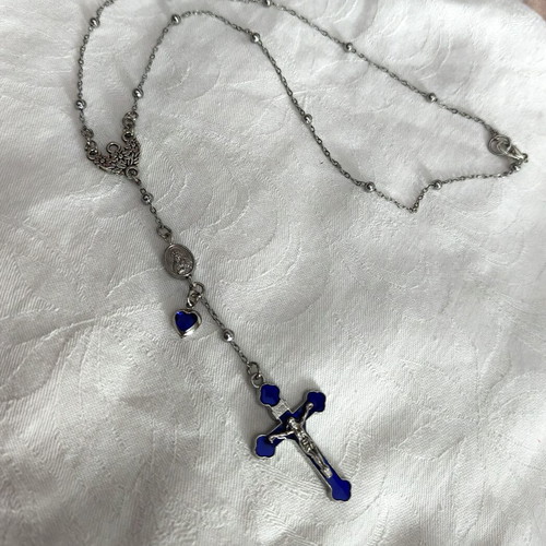 Elegant Blue Rosary with Stainless Steel Chain, New