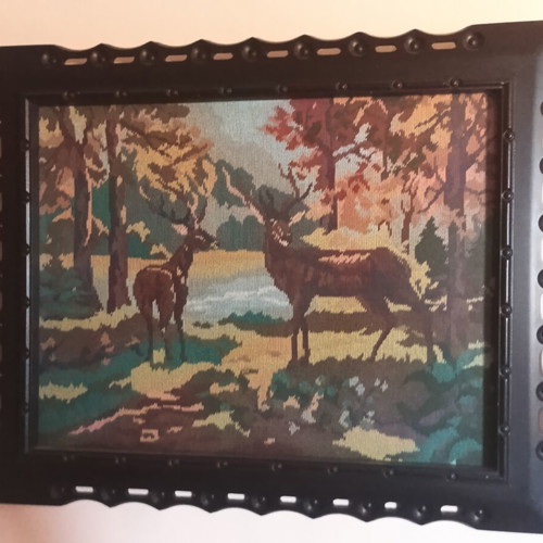 Vintage Handmade Embroidered Gobelin Frames Set of 2, Deer in Forest