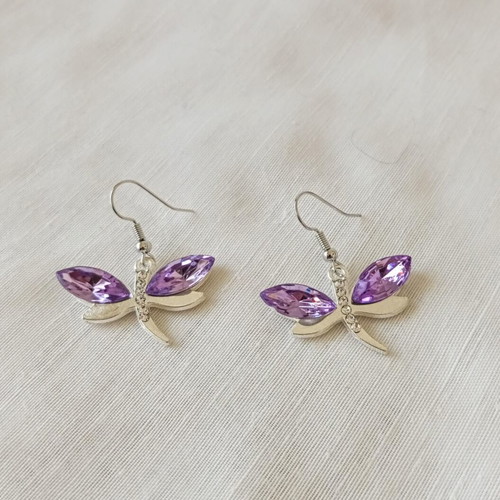 Dragonfly earrings new with purple crystals and rhinestones in silver steel