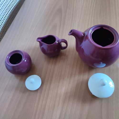 Clay teapot, sugar bowl and creamer with white lid, maroon, new