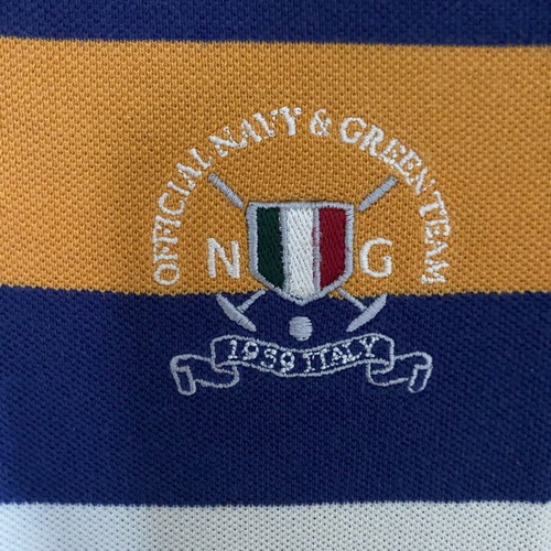 Navy & Green men's polo shirt, medium, striped blue white mustard