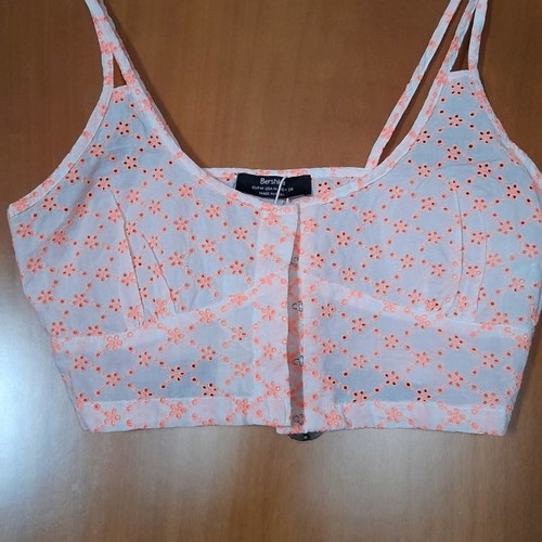 Bershka top new white with orange floral designs size M