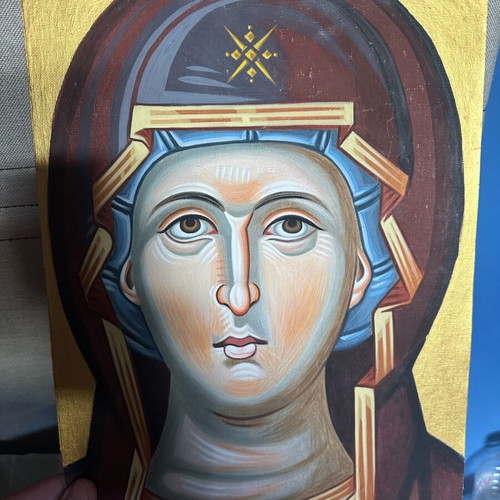 Handmade icon of Virgin Mary on canvas