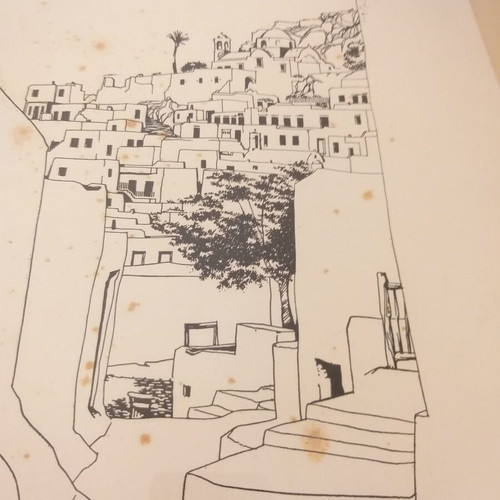 Triptych of black and white architectural prints used, Aegean settlement 1973
